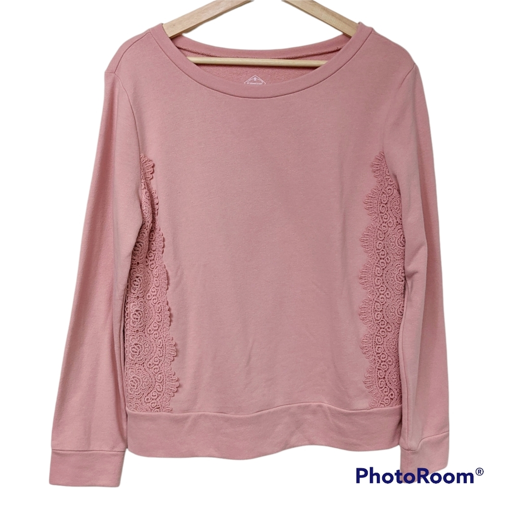 St John's Bay Sweatshirt French Terry Pink Crochet Round Neck Lightweight Medium